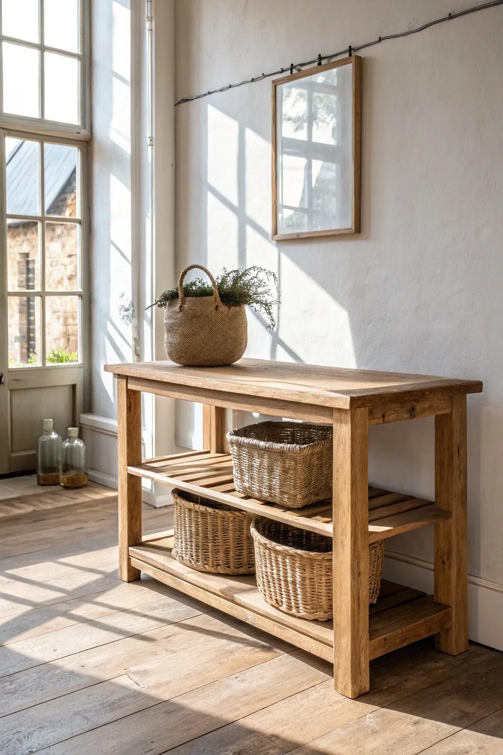 A handcrafted display island with open lower storage—boutique-style browsing without wall clutter.