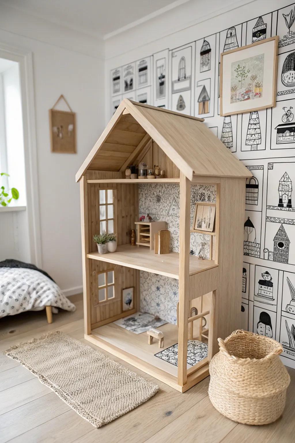 Natural wood dollhouse with comic-page wallpaper, sealed smooth for years of play by little hands.