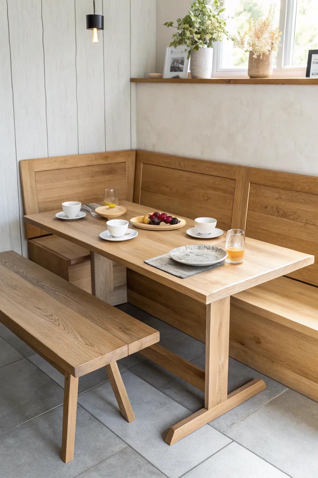 A floating oak bench keeps your breakfast nook airy—and makes sweeping under it effortless.