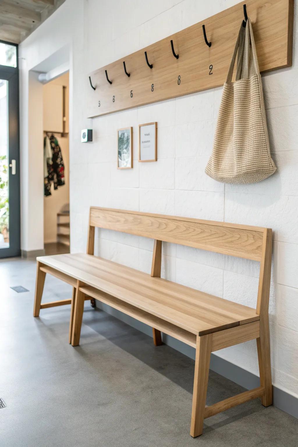 A handcrafted oak landing bench with sleek hooks—keeps coats and bags off breakroom chairs.