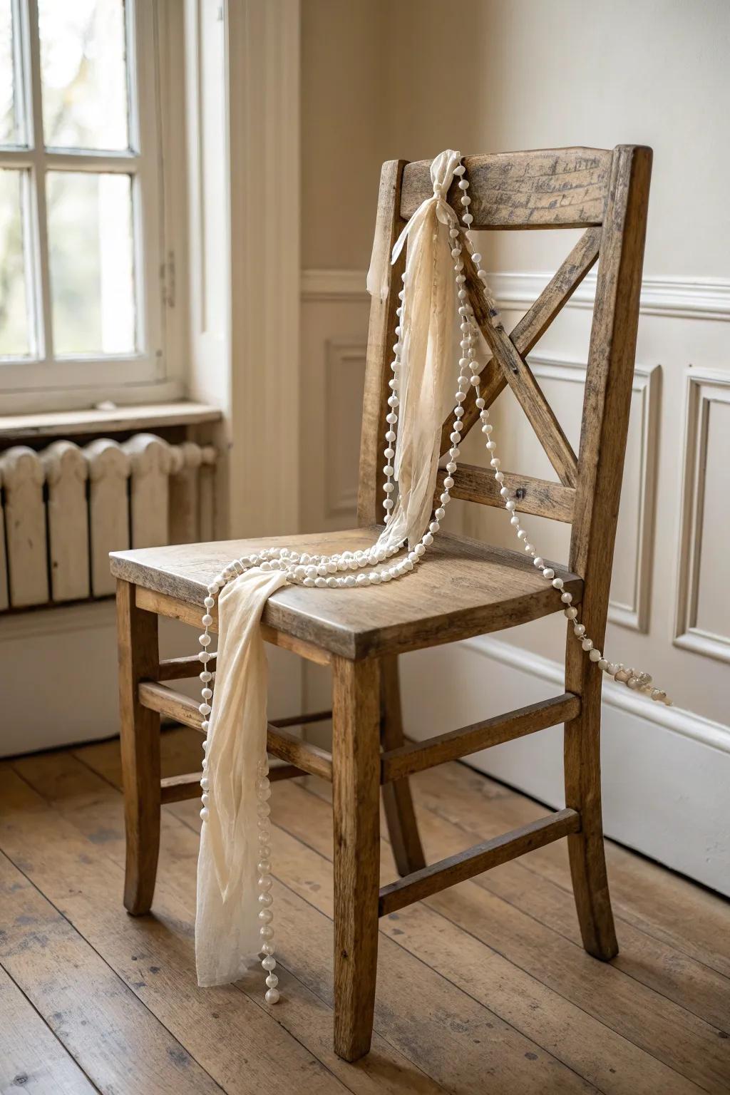 Weathered wood meets delicate pearls—an understated bridal shower chair moment.
