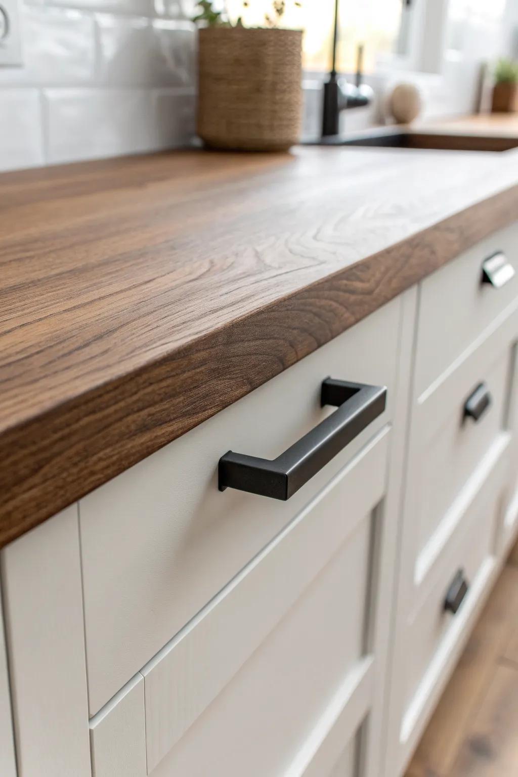 Matte black hardware creates crisp edges and modern contrast in a warm brown countertop kitchen.