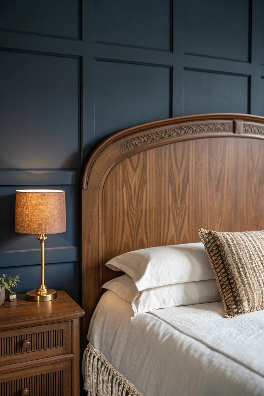 Moody navy wall + warm brown headboard—dramatic contrast with cozy, handcrafted charm.
