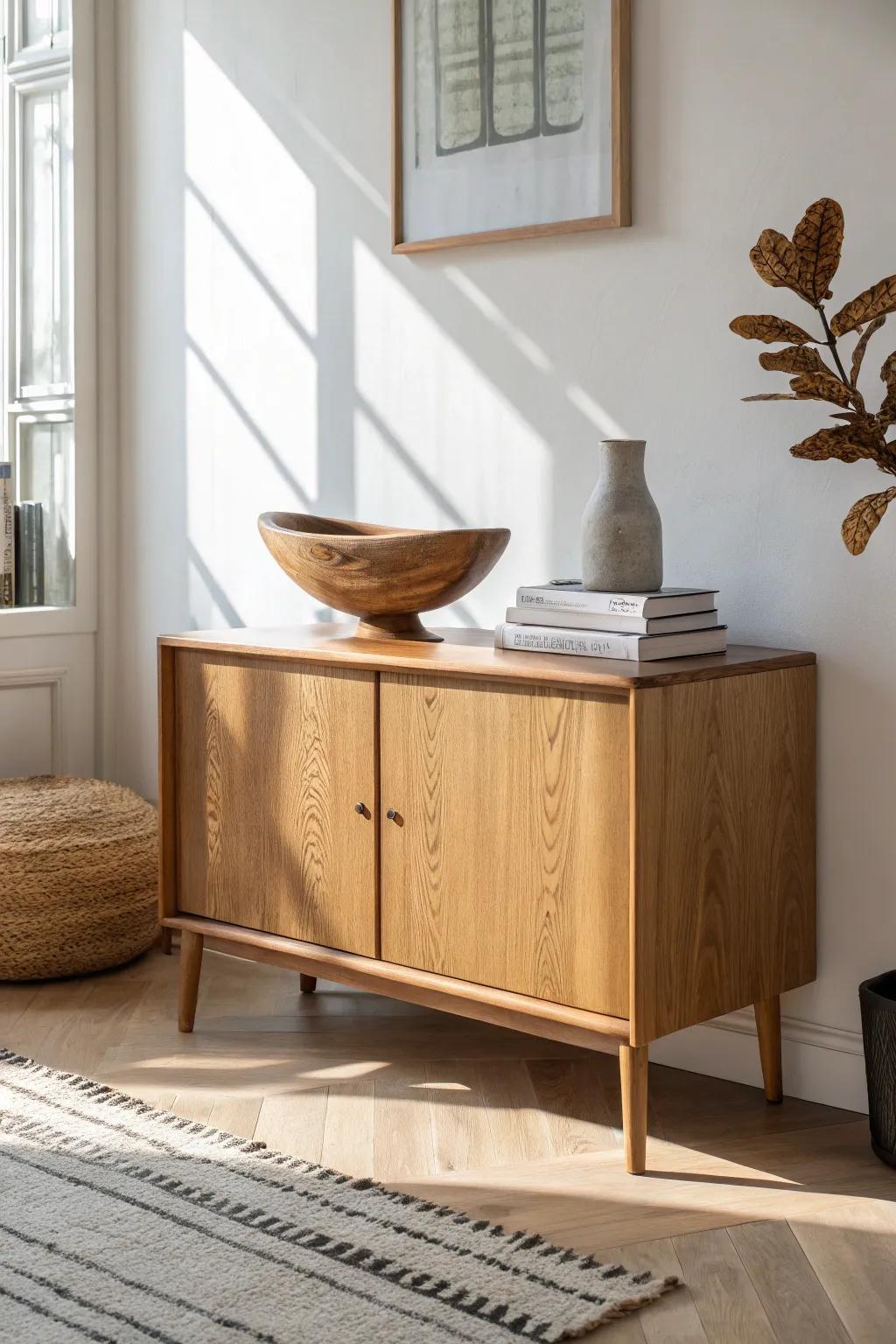 Stack two sturdy books and top with a carved wood knot for instant height and polish.