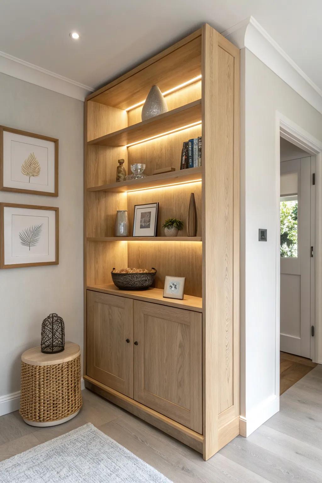 Built-in corner cabinet with warm under-shelf lighting—bright, cozy storage that feels intentional.