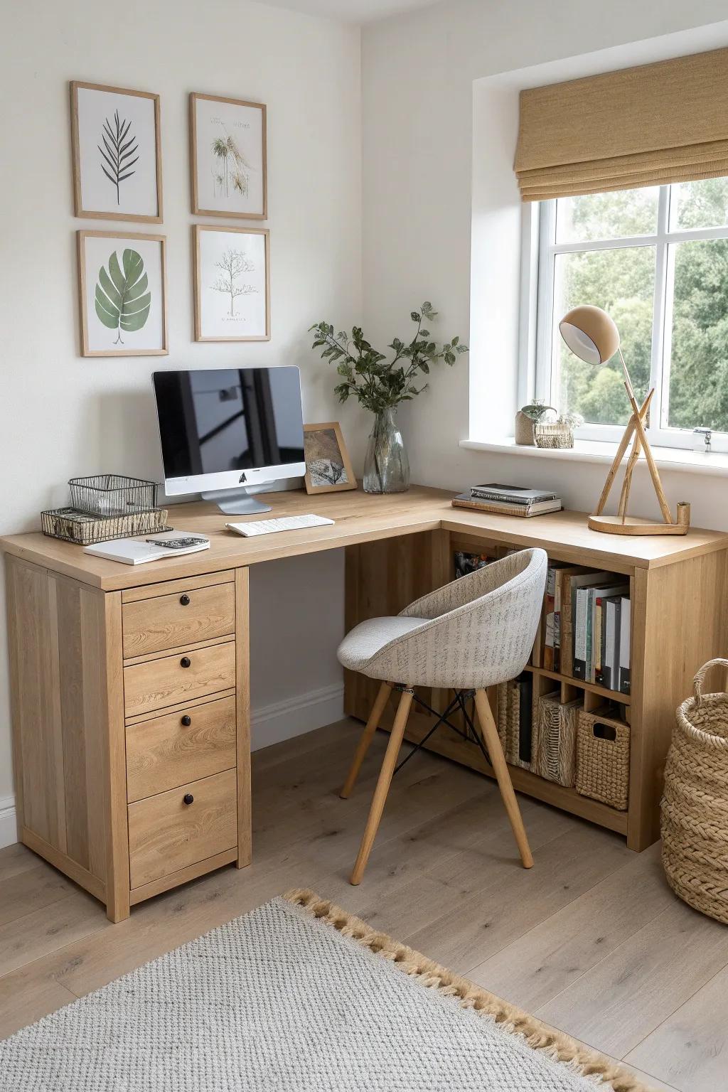 Built-in corner desk with deep file drawer base—clean, warm oak storage for paper clutter.