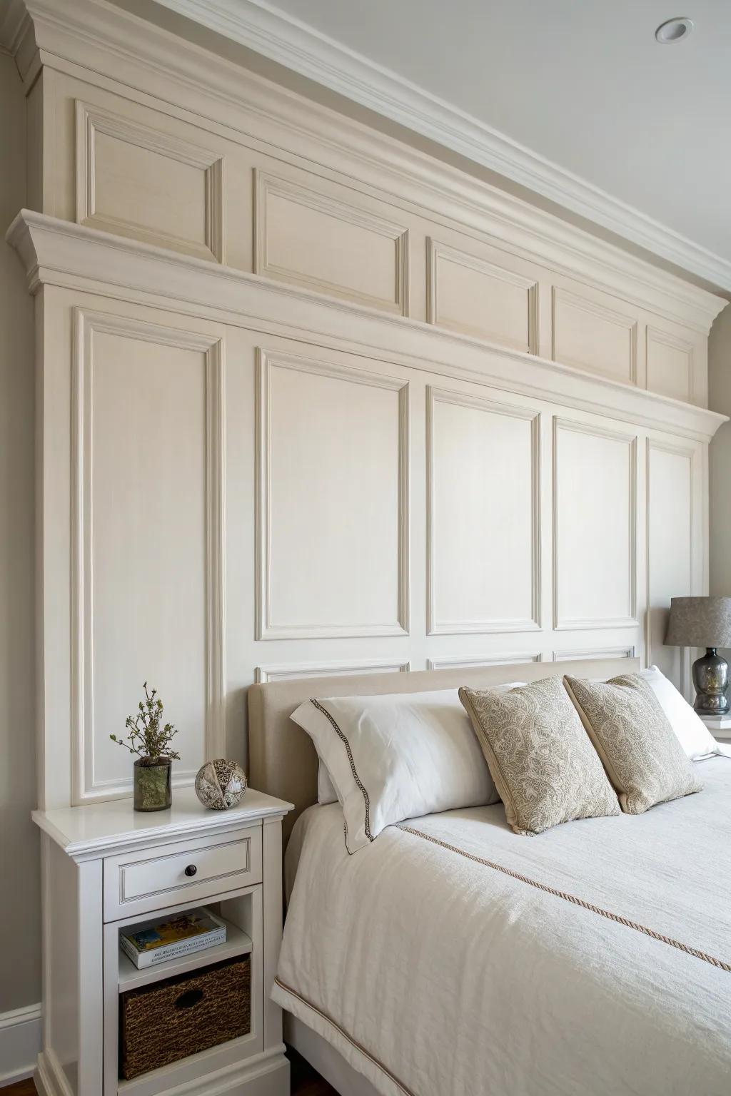 Painted built-in headboard with crown and trim—classic, cozy, and perfectly architectural.
