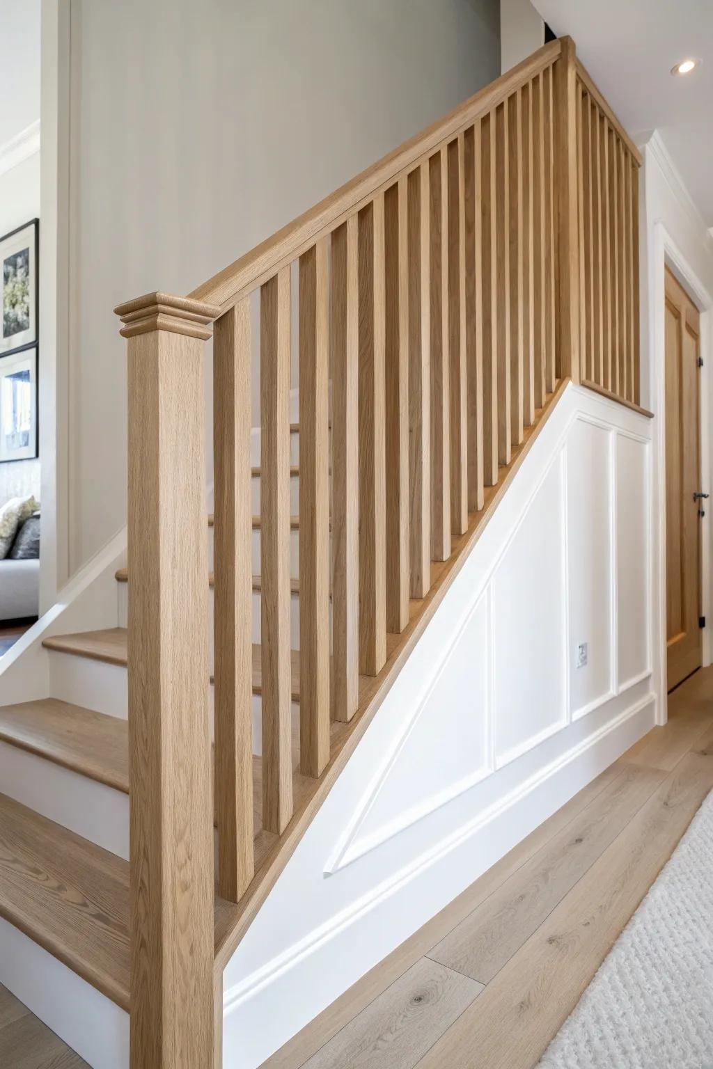 Turn the staircase side into a sleek built-in divider with trim-matched slats.