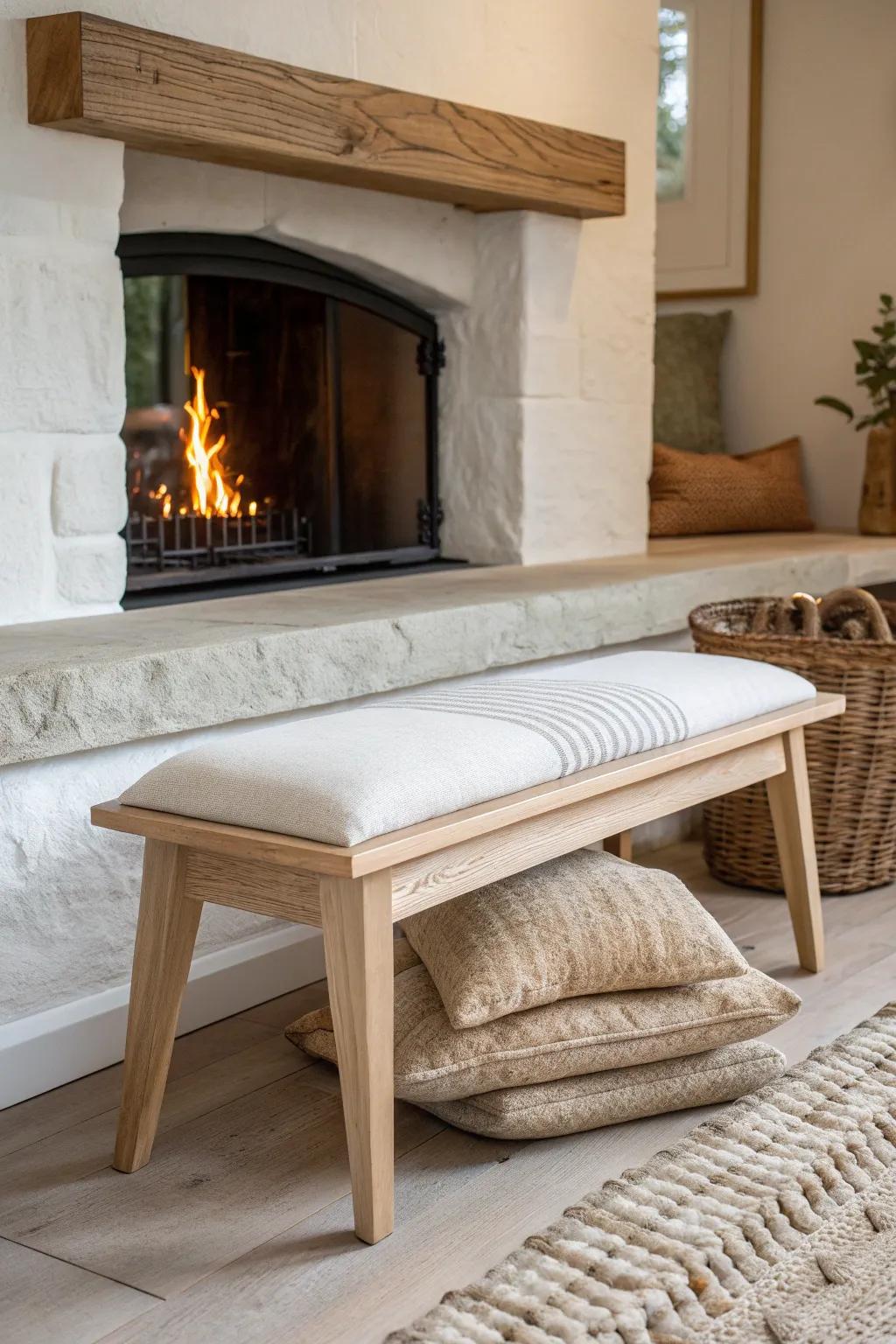 A low oak hearth bench with a linen cushion—minimal, boho-soft, and perfect for fireside lounging.