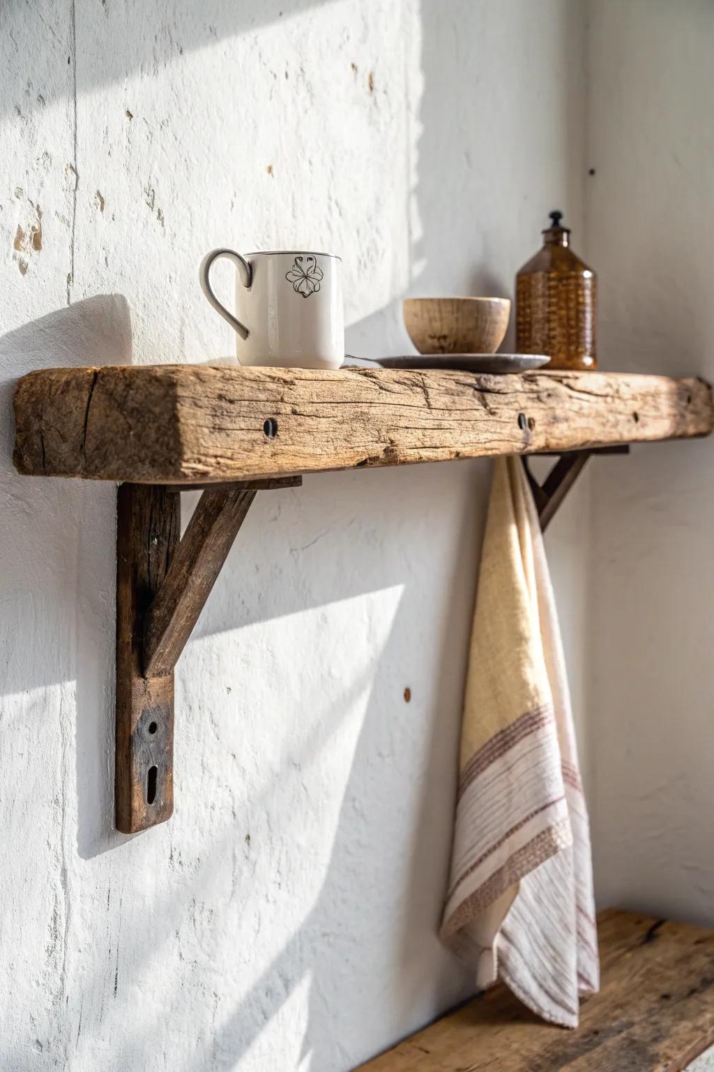 Reclaimed wood open shelving adds instant bungalow charm—simple, warm, and beautifully worn.