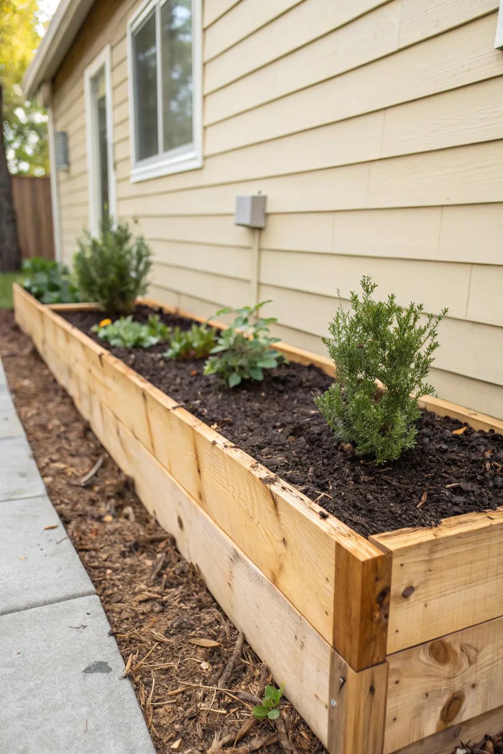 A simple cedar edging makes bungalow foundation beds look polished—without a big-budget remodel.