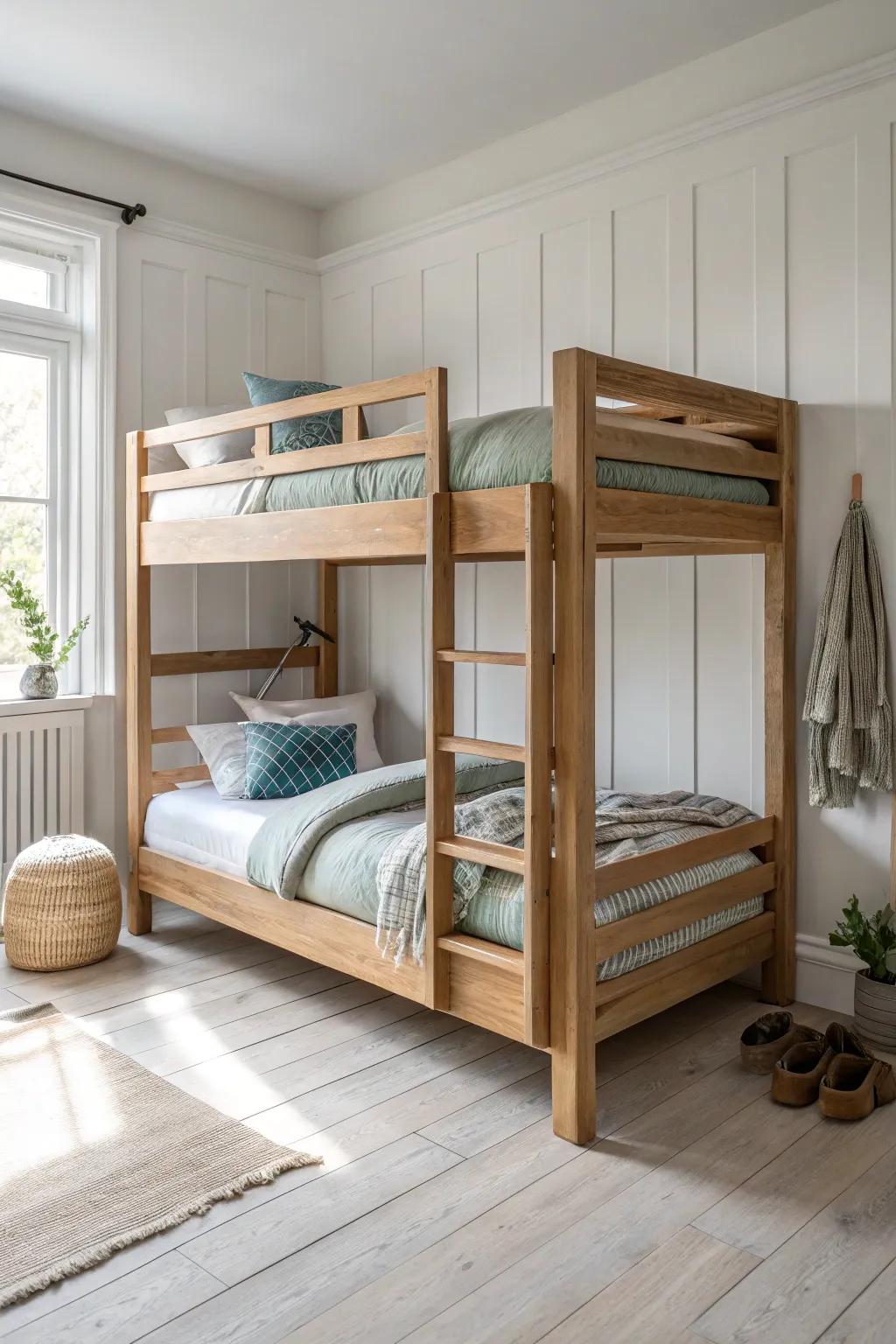 One calm palette, two kid-approved patterns—coordinated bunks without losing personality.