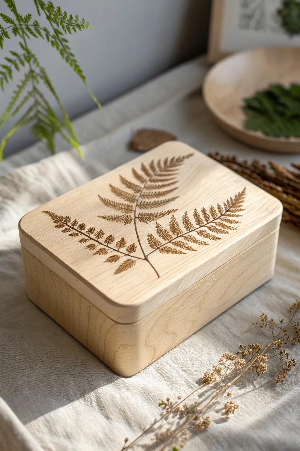 A minimalist keepsake box with delicate burnt-wood fern lines—simple, warm, and timeless.