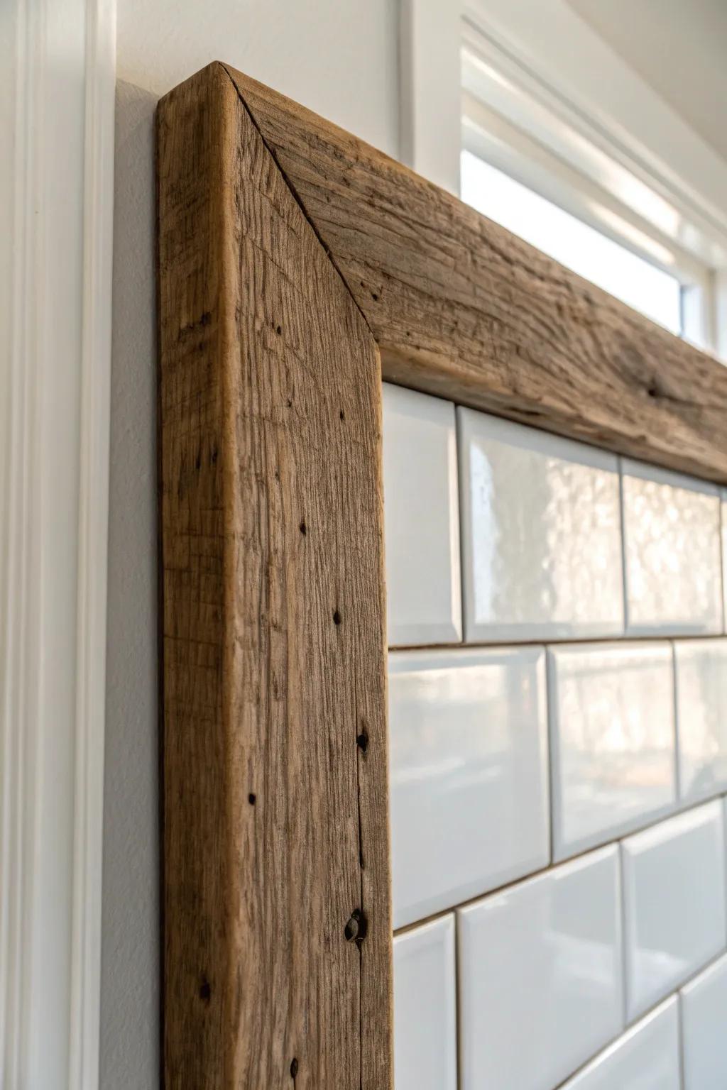 Reclaimed wood framed backsplash panel: aged cabin patina against crisp white tile.