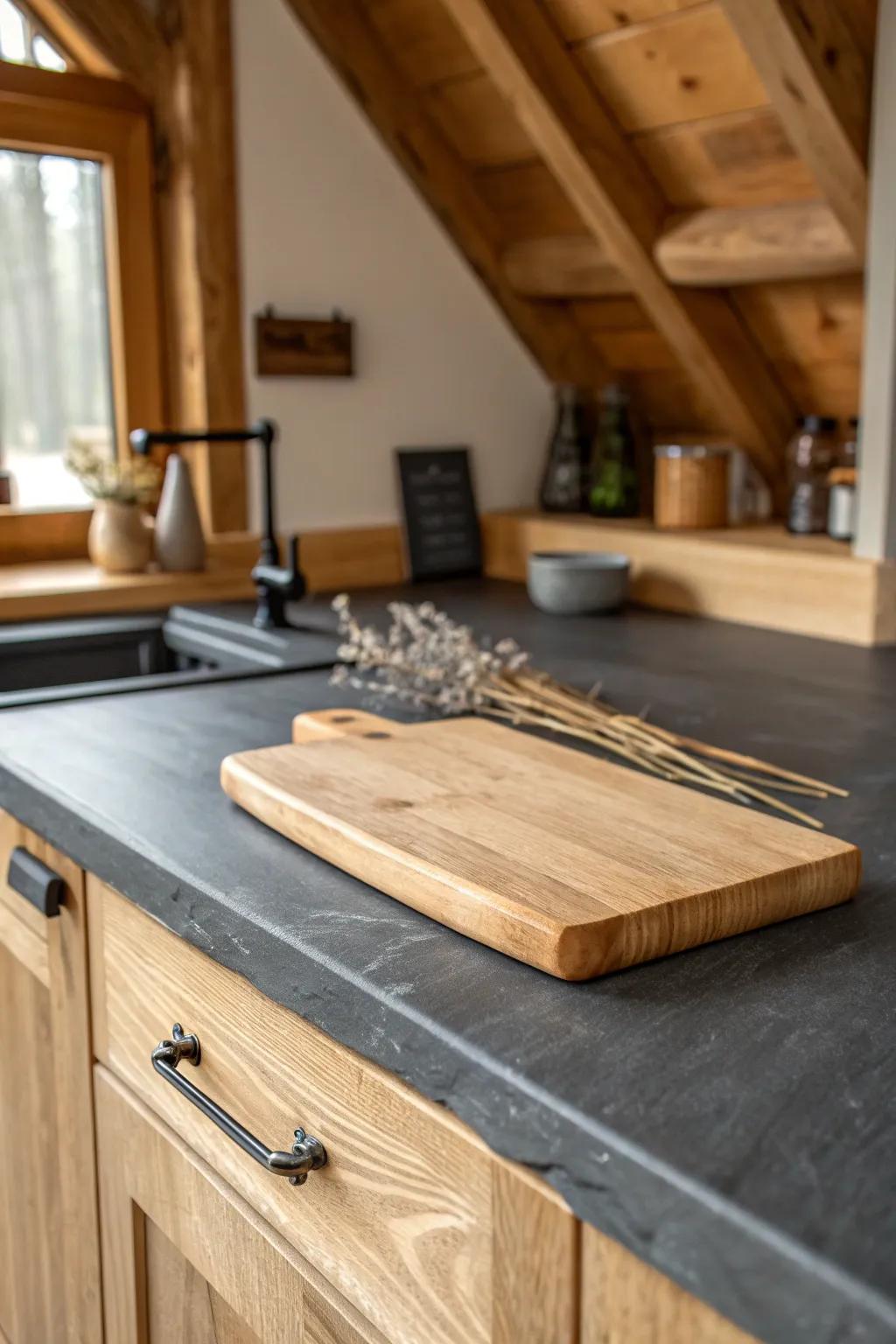Charcoal slate meets warm oak—minimal, cabin-ready contrast with a handcrafted feel.