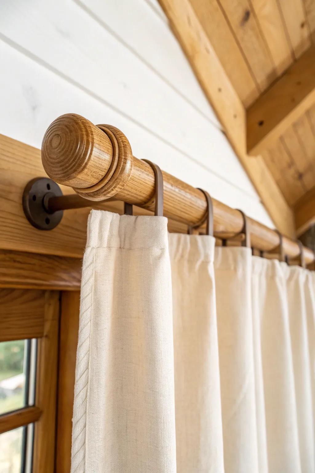 Handcrafted wood curtain rod for a seamless, built-in cabin look—warm, simple, timeless.