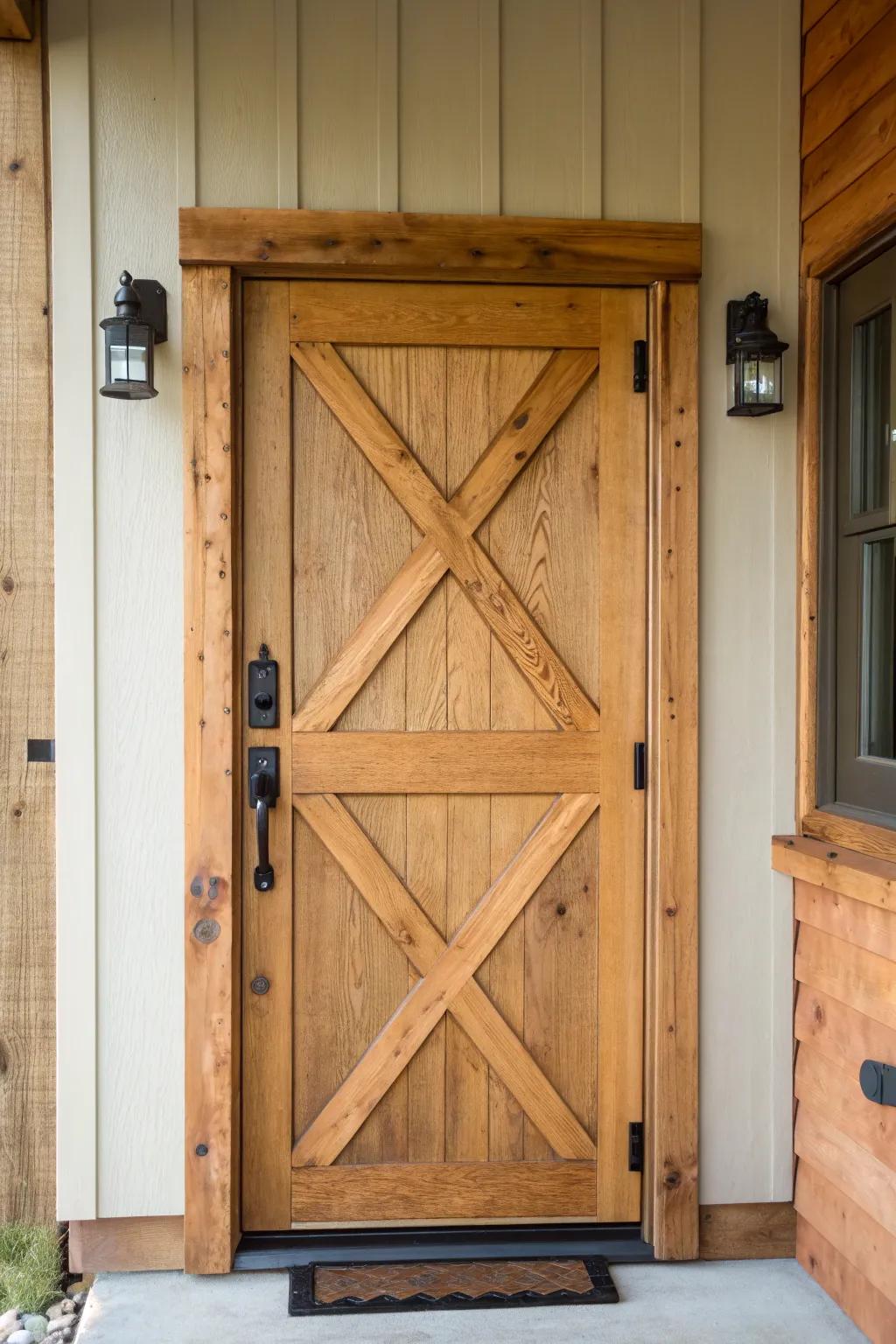 Rustic crossbuck cabin door with bold black hardware and shadowy “X” trim details.