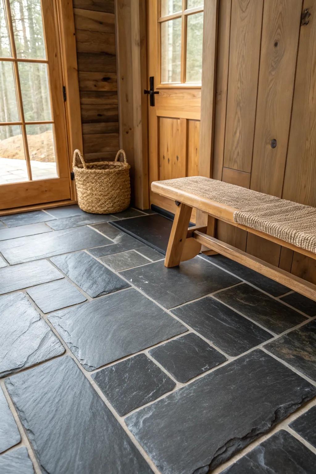 Charcoal slate tile hides real life at the cabin door—beautiful beside warm oak.