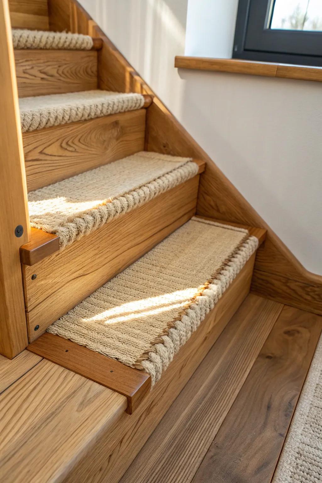 Cozy woven stair tread adds quiet grip and warmth—perfect for winter cabin steps without hiding the wood.