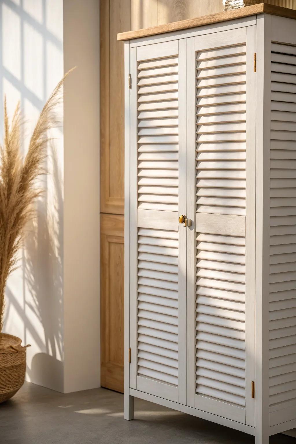 Louvered cabinet door texture: airy pantry style with crisp slats, light oak, and brass detail.