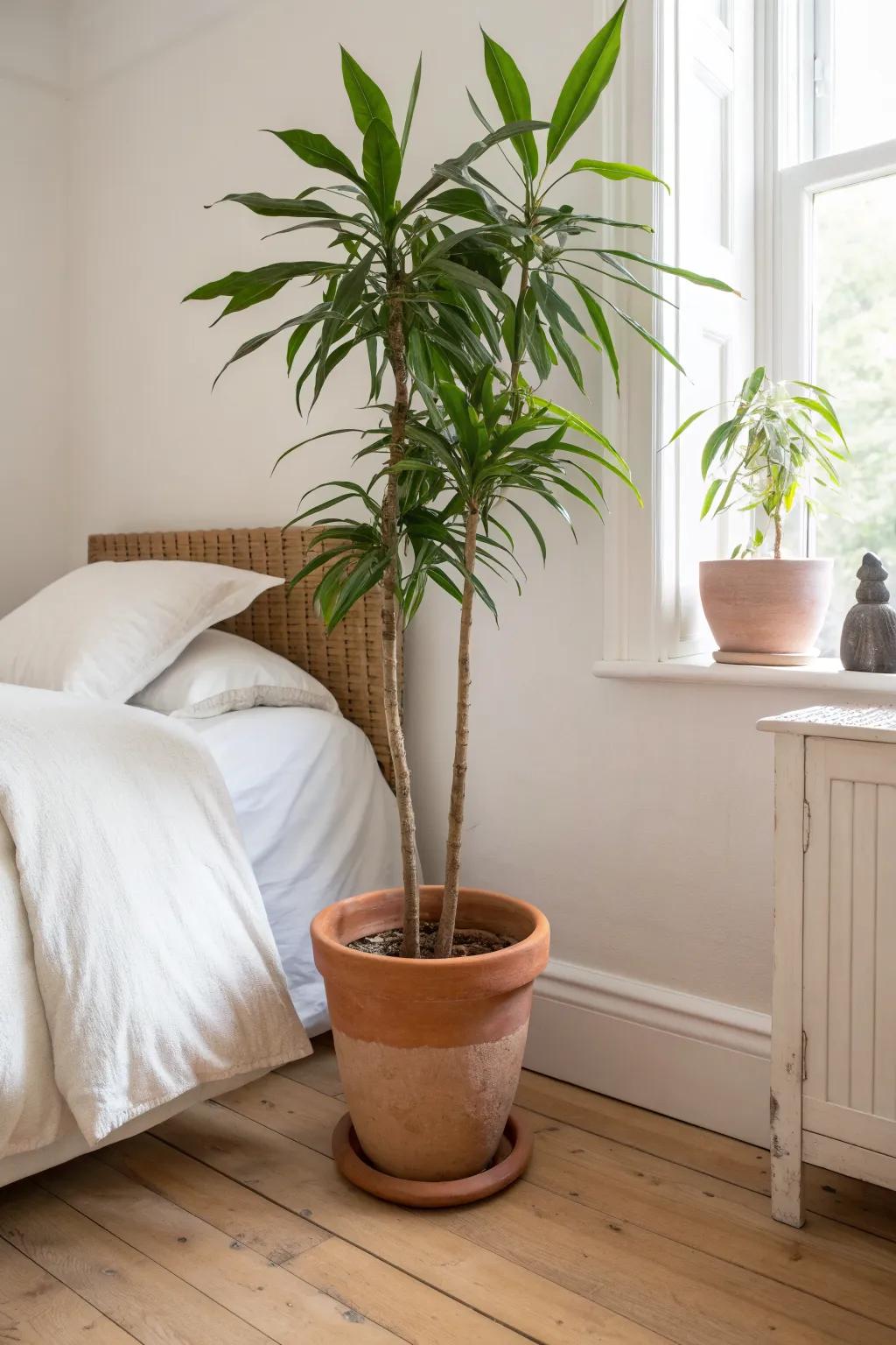 A tall leafy plant instantly fills the back gap behind a caddy corner bed—soft, simple, serene.