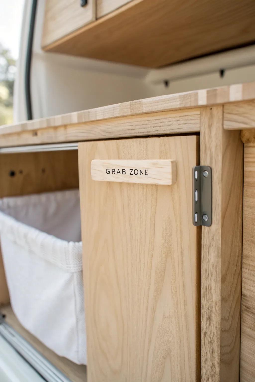 Clip-on cabinet lip label for fast grab zones—keeps camper storage neat and foolproof.