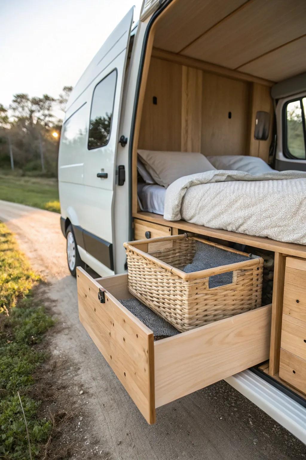 Slide-out bed drawer storage that looks built-in—clean lines, warm wood, effortless organization.
