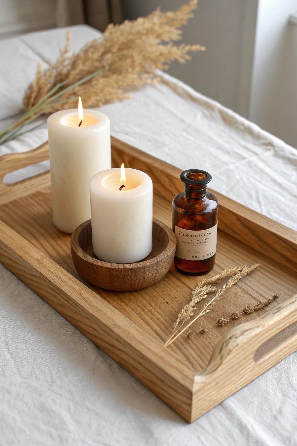 Amber glass bottles add a warm vintage glow beside candles on a handmade oak tray.