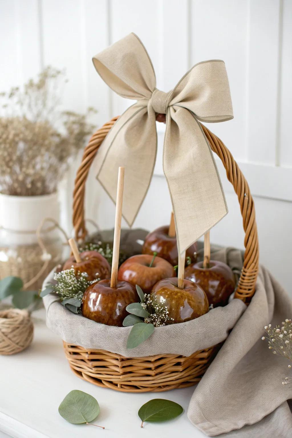 Elevate your gifting game with a bow-topped caramel apple basket that whispers minimalist elegance.