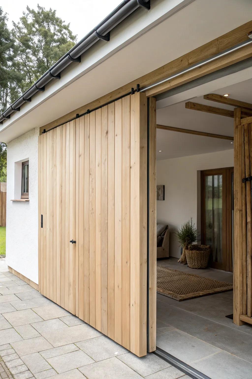 Low-clearance carport solution: a corner-sliding wood door that saves every inch of height.
