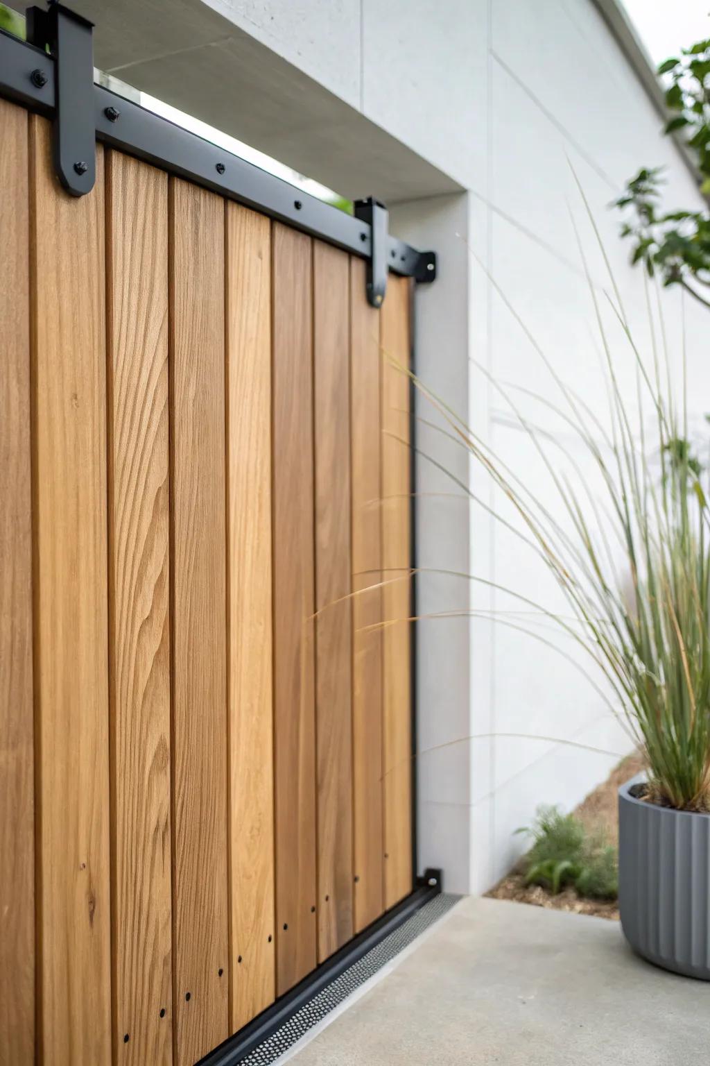 Sliding cedar slat wall on a track—privacy when you want it, airflow when you don’t.
