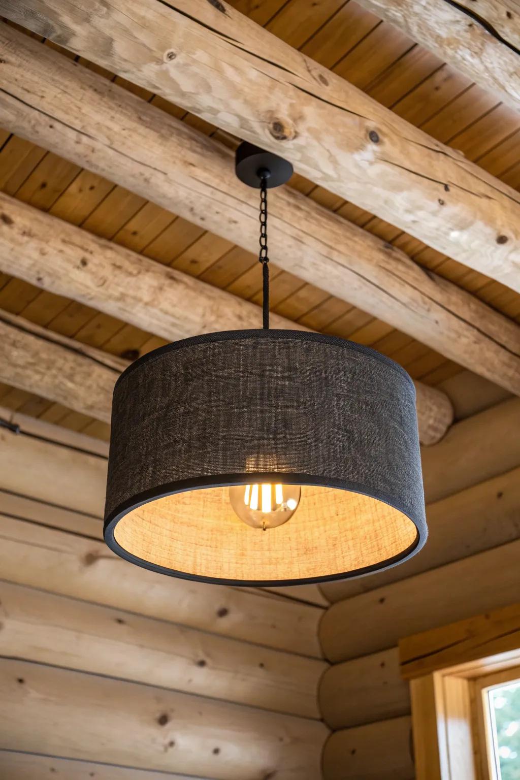 Charcoal drum shade casts a soft, moody glow—perfect for cozy log cabin ceilings.