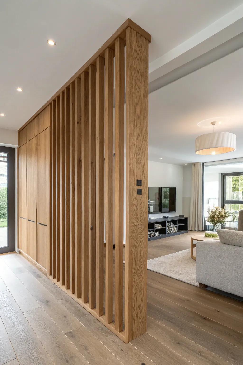 Chunky oak spaced-beam divider with a ceiling lighting gap for an airy, floating feel.