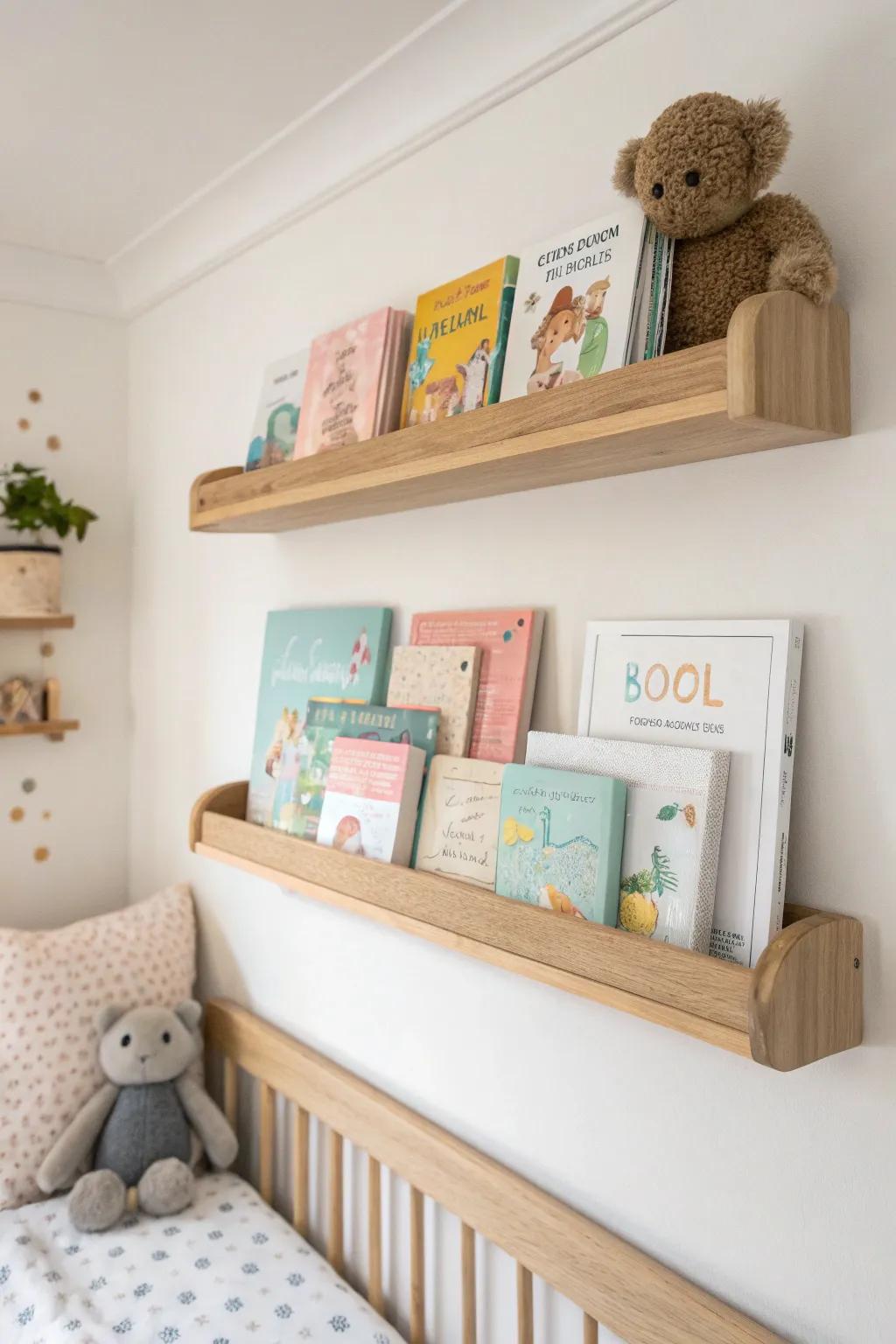 Ceiling-mounted book ledge: rotates favorite reads and keeps special toys safely up high.