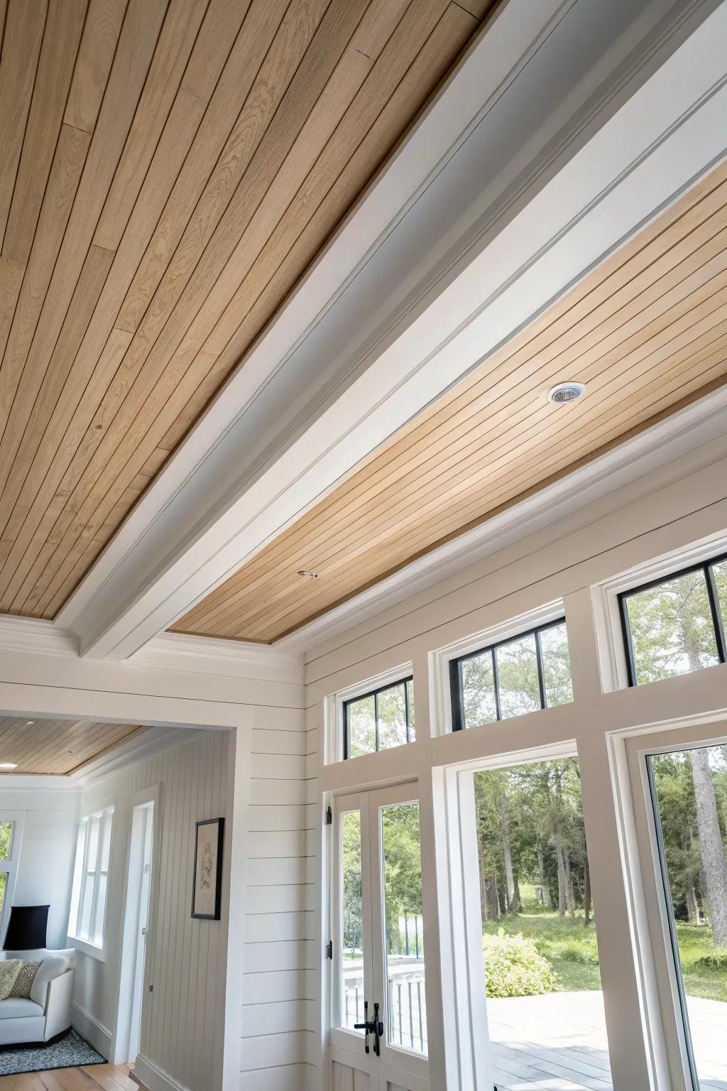 A slim board-and-batten ceiling band acts like a handcrafted belt between two ceiling styles.