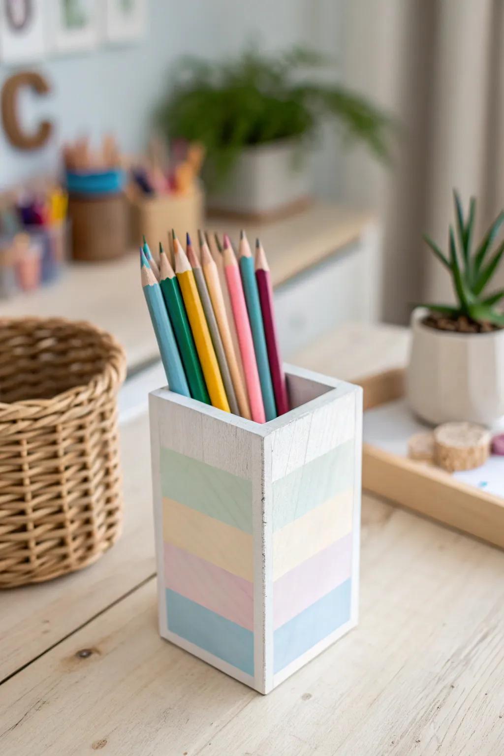 Add a touch of color and creativity to your desk with these charming chalk-painted pencil holders!