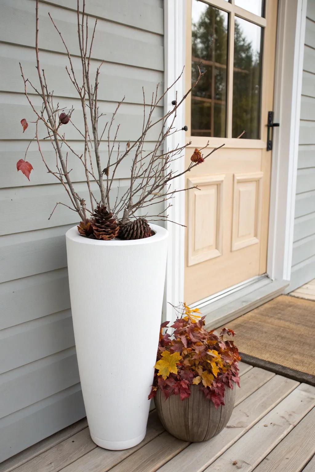 Budget fall porch decor: a simple urn filled with fallen branches and glowing leaves.