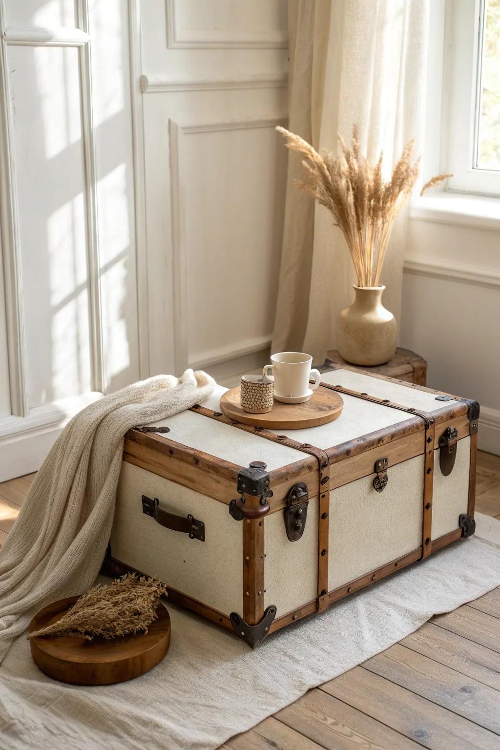 Cozy up a vintage trunk with a soft runner and a small tray for coffee-table charm.
