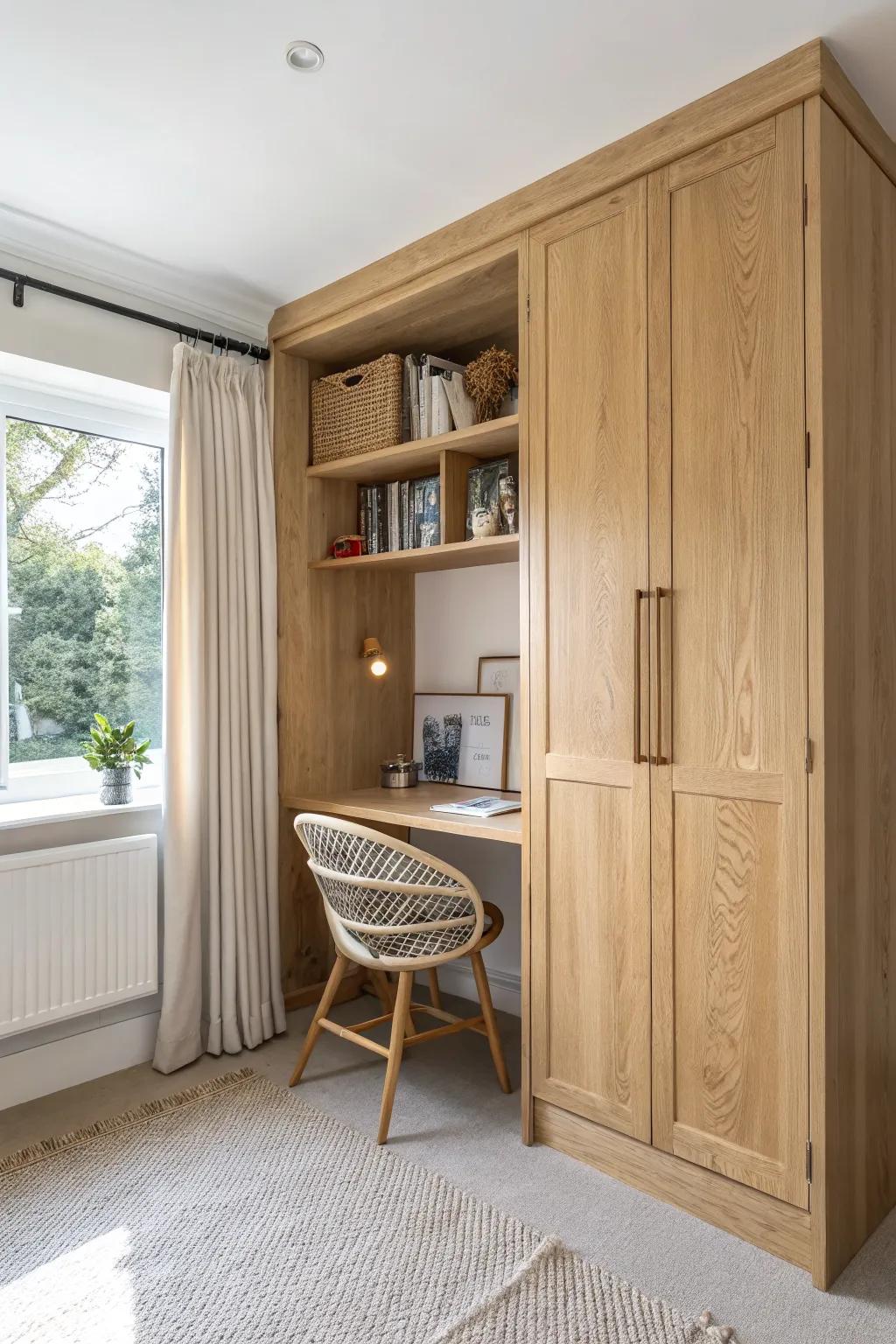 A seamless oak fitted wardrobe that frames a cozy built-in desk nook for calm homework time.
