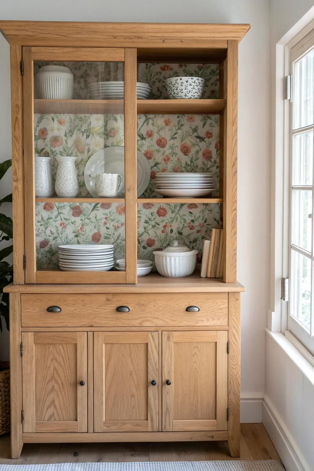 Removable patterned wallpaper turns a simple china hutch into a fresh, seasonal showpiece.