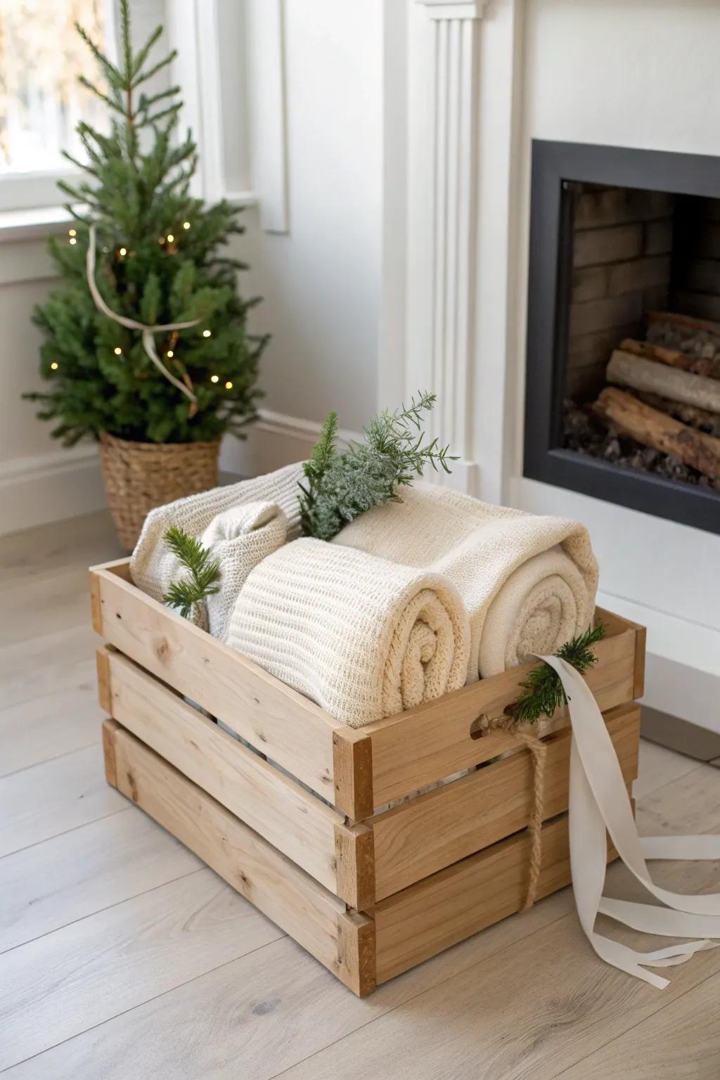 Hearthside wooden blanket crate—rolled throws and fresh greenery for effortless Christmas coziness.