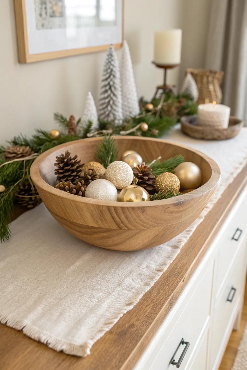 A simple oak bowl of ornaments and pinecones—fast “dump-and-style” entry table magic.