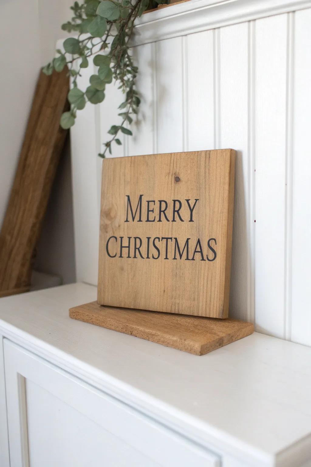 A simple handmade wooden holiday sign adds cozy contrast and anchors your hutch décor.