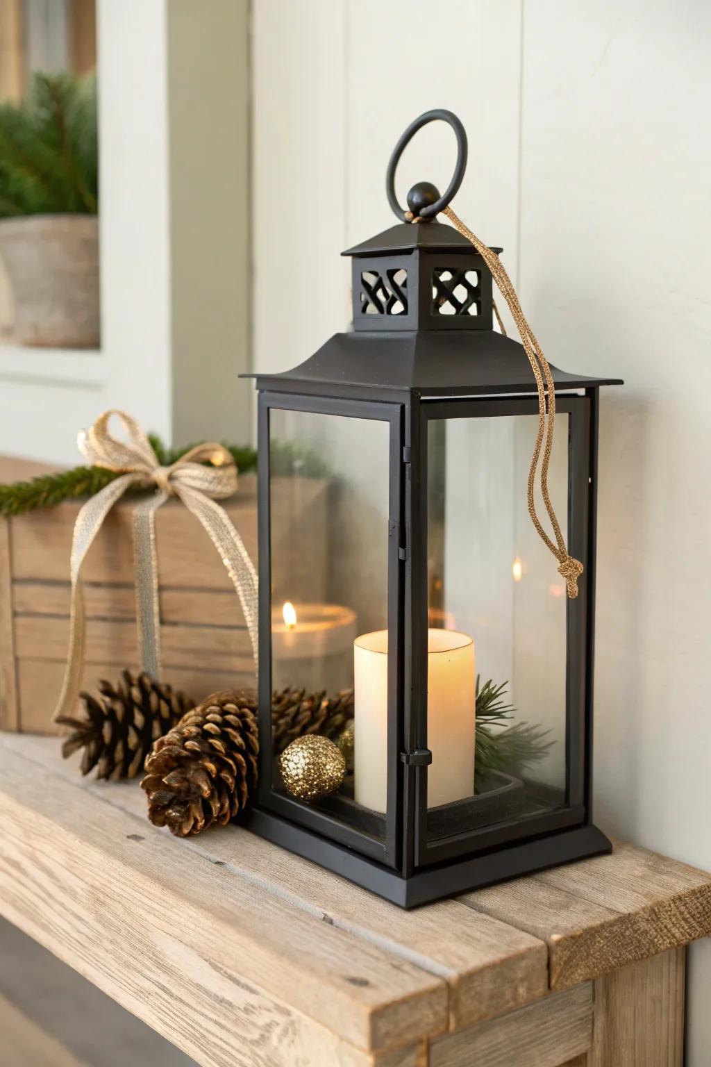 Lantern glow with pinecones and jingle bells—simple shelf-end Christmas height and texture.