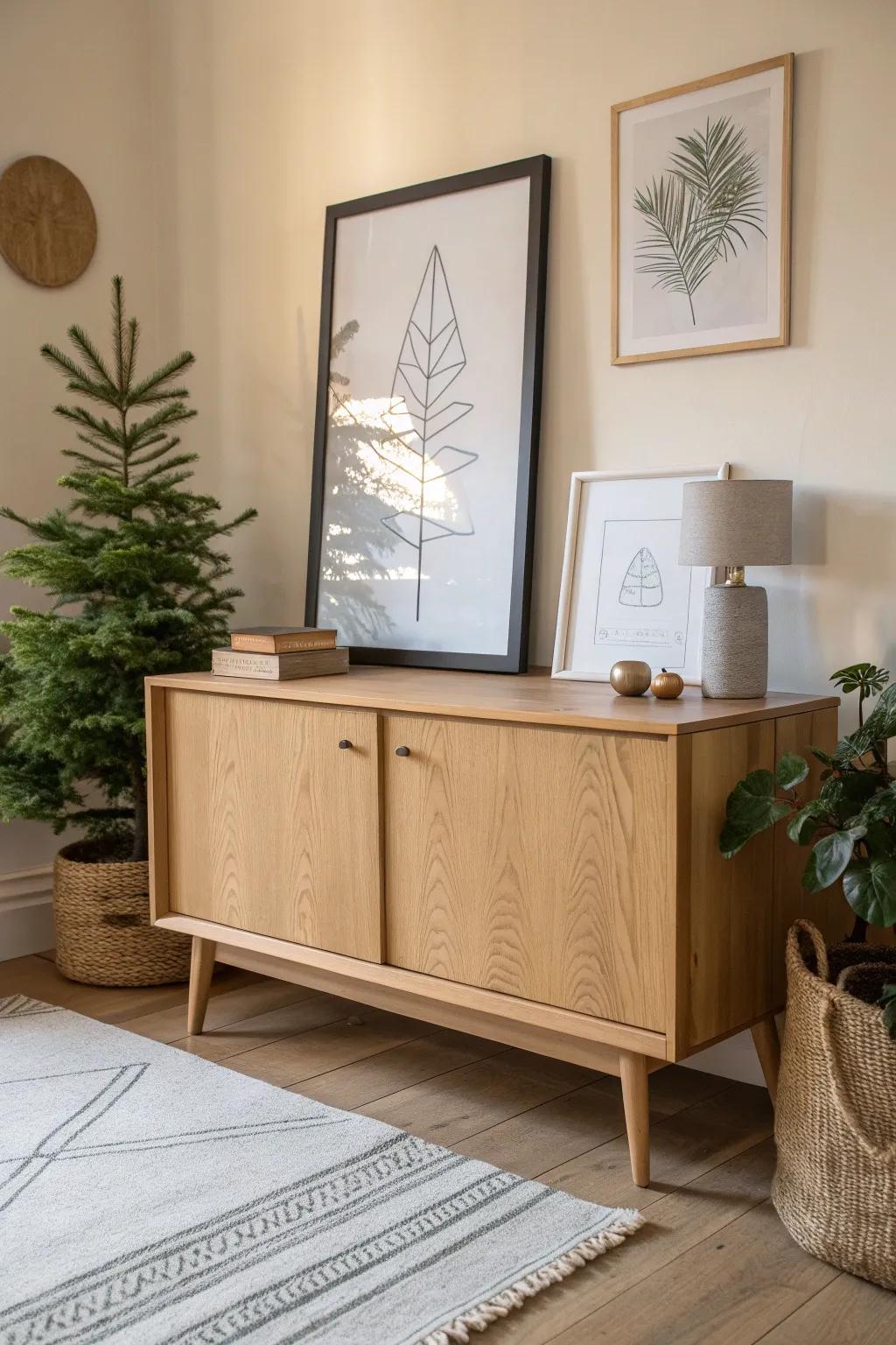 Leaned art + a simple evergreen swag for a relaxed, swap-in-minutes Christmas sideboard look.