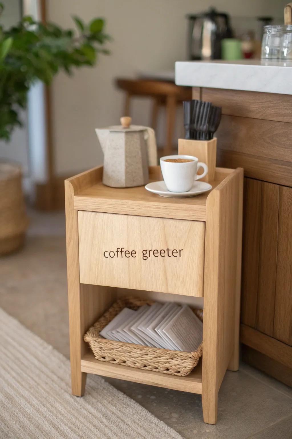 A welcoming coffee greeter corner—one beautiful oak stand that says “community starts here.”