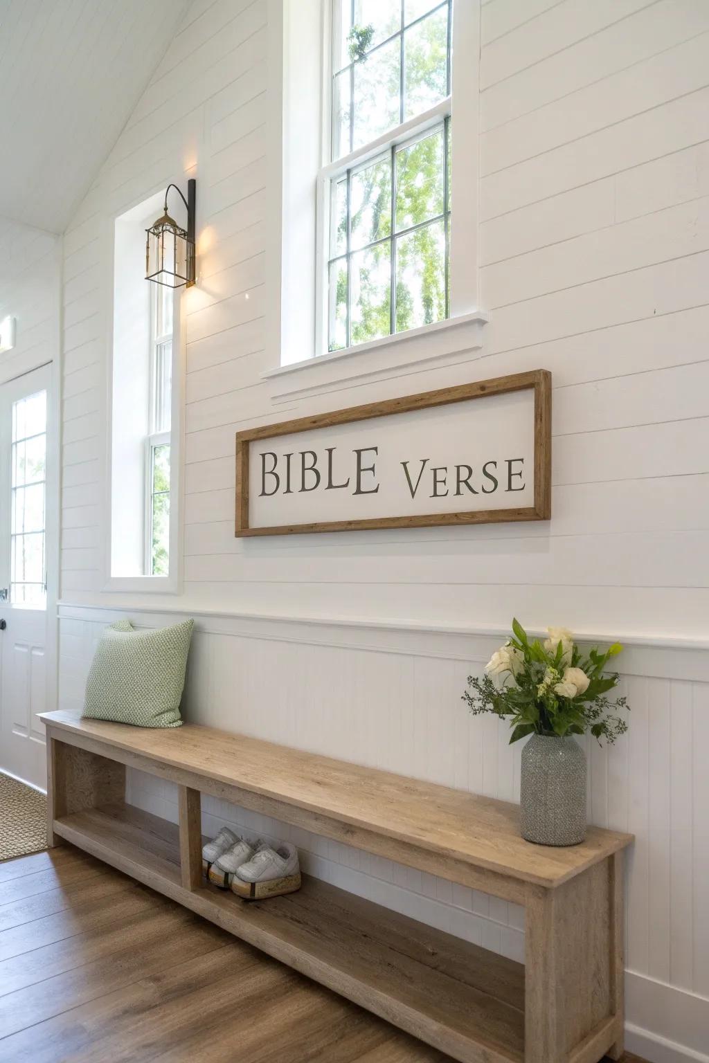Cozy church foyer nook with a wood scripture ledge—swap verse art anytime, no wall repairs.