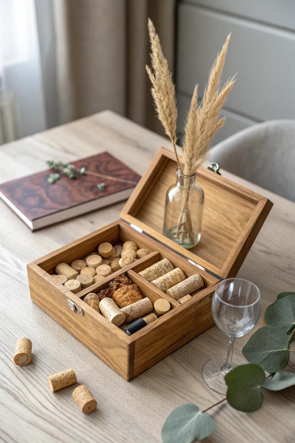 Wine cork–filled cigar box with a tiny vase centerpiece—minimal, warm, and beautifully textured.