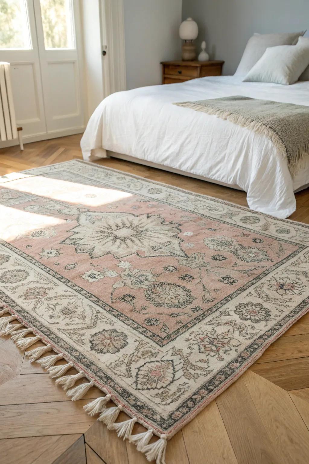 A quiet vintage wool rug under the bed adds classic warmth and a grand, understated finish.