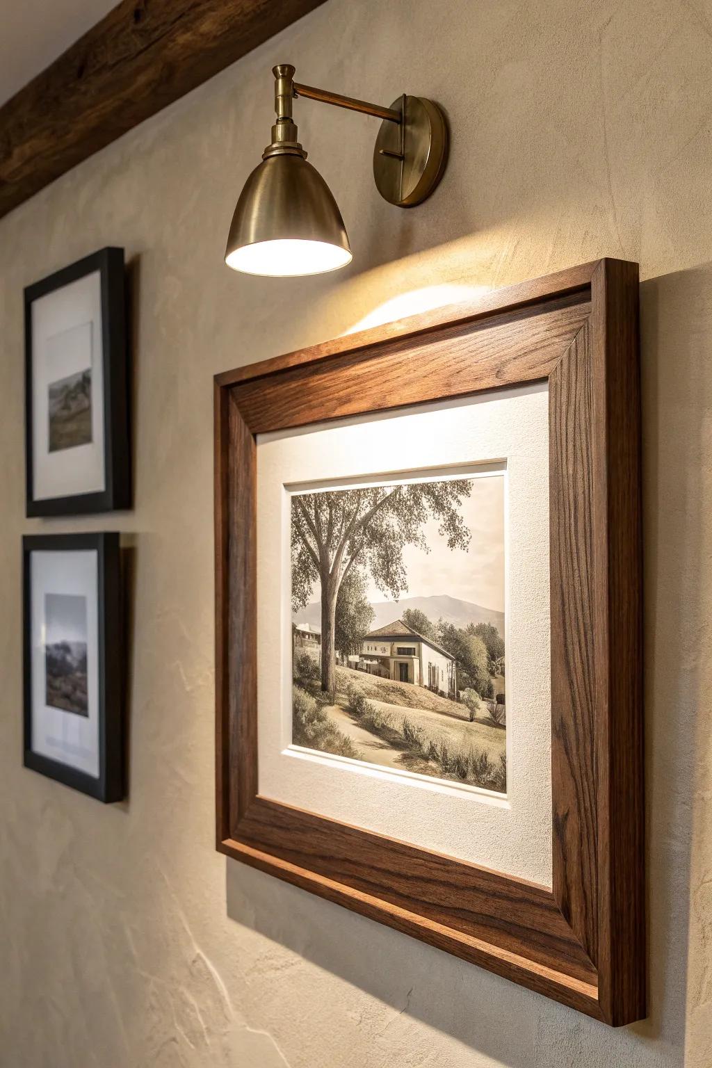 Walnut frame + brass picture light: the simplest way to get classic gentleman’s club gallery mood.